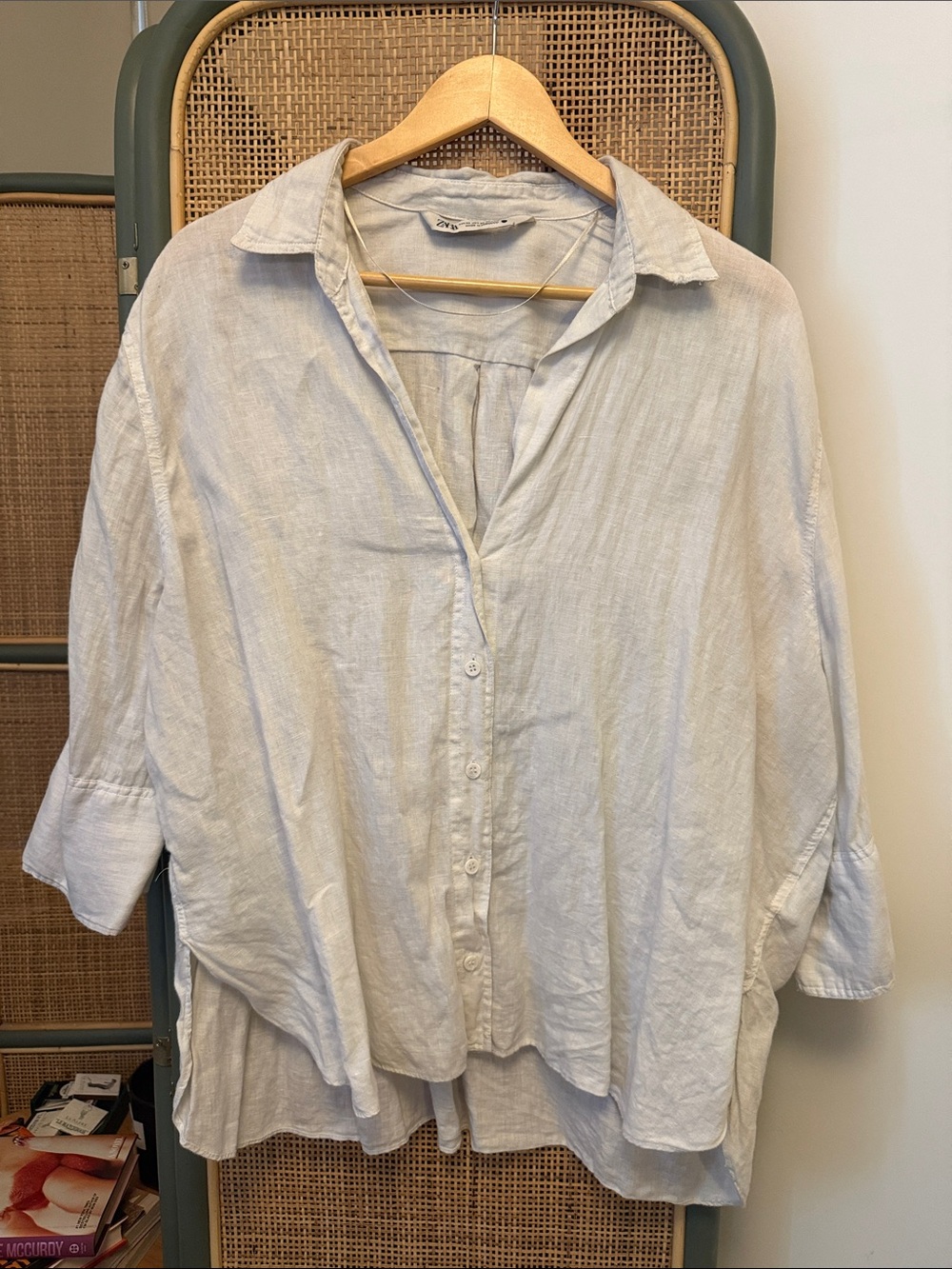 Zara 100% Linen Oversized White Button Down Shirt XL Flowy Relaxed Fit